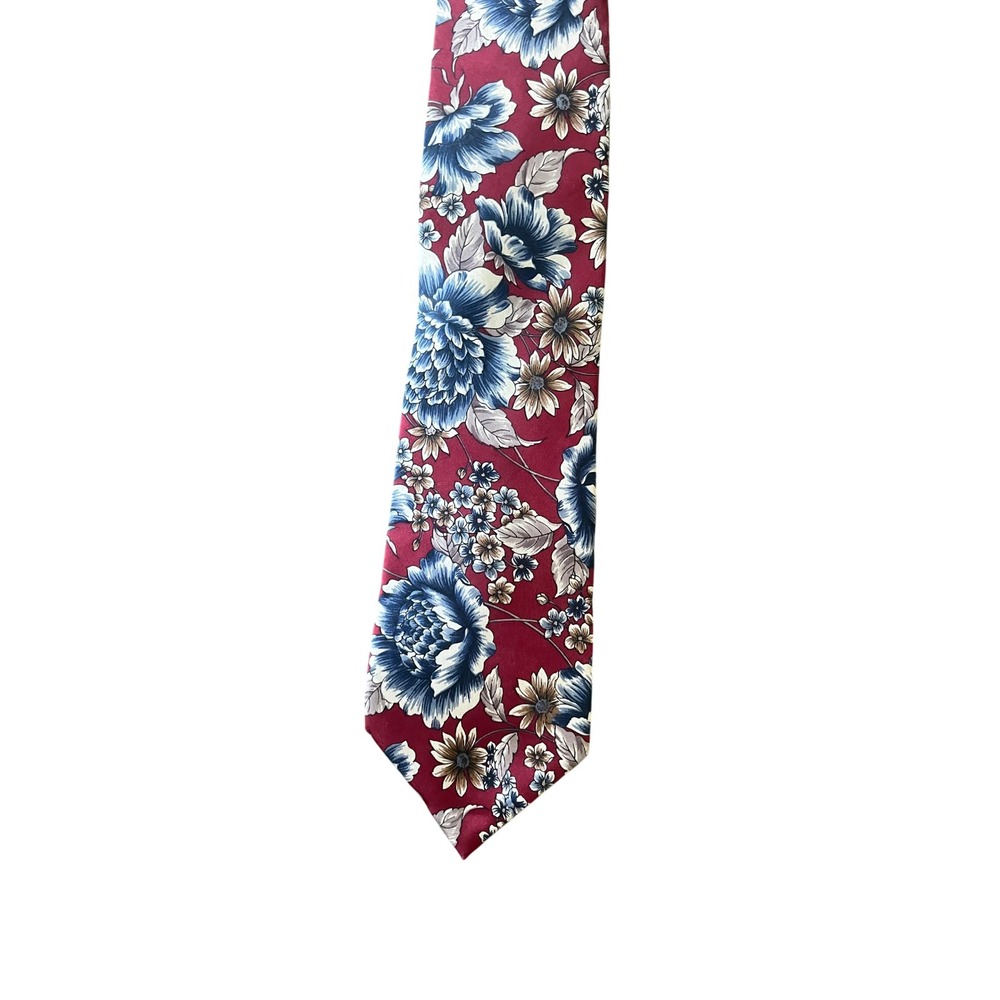 London Fog Mens Silk Tie Burgundy Blue Floral Botanical Italian Silk Tall Man